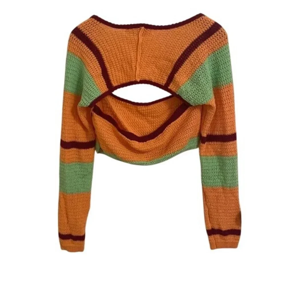 Free People Love Me Long Sleeve Fauxchet Stripe Crochet Crop Top